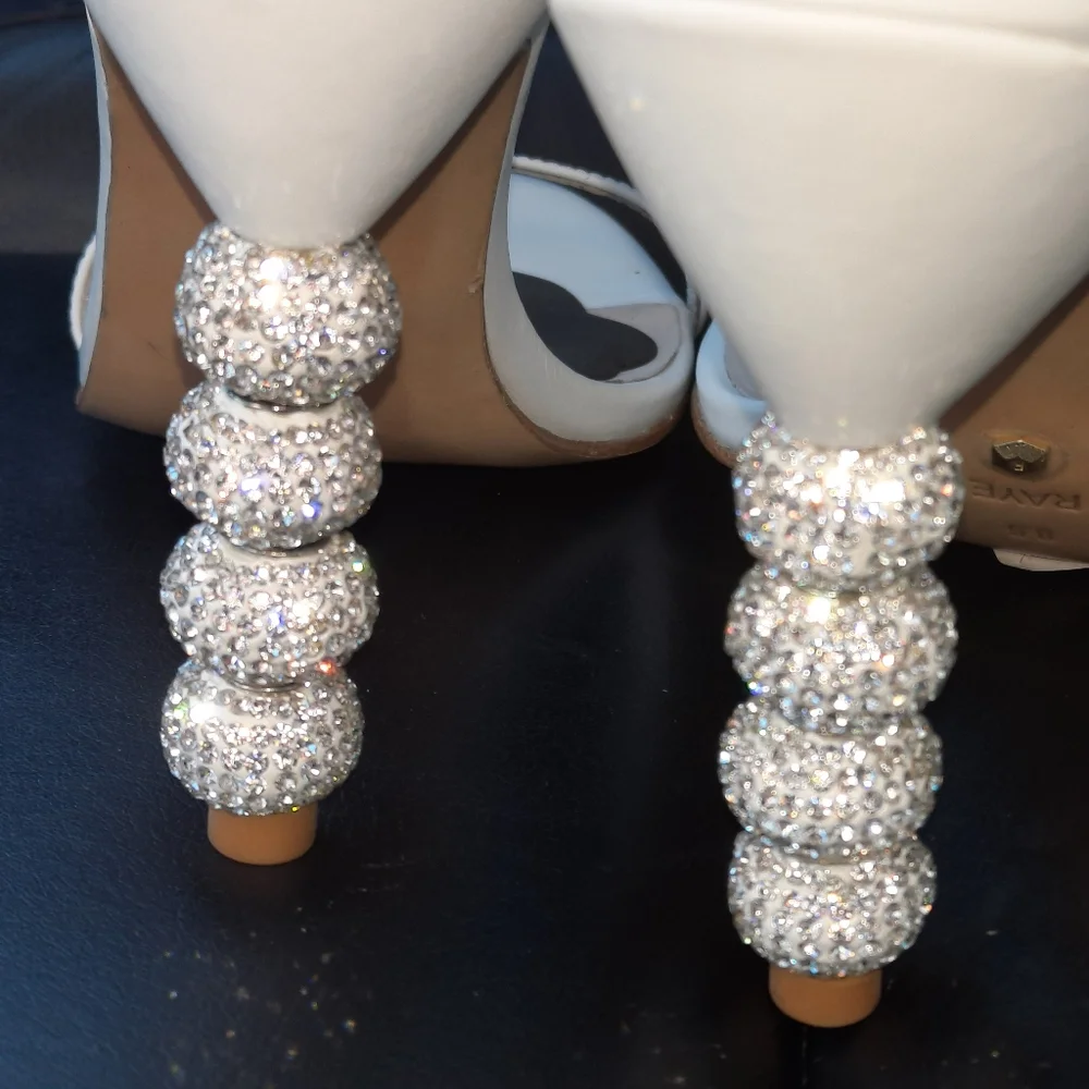 RAYE Leather Crystal Embellished Heels Disco Ball Strappy White Party Sandal 8.5